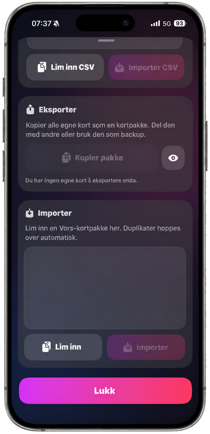Importer og eksporter kortpakker i Vors