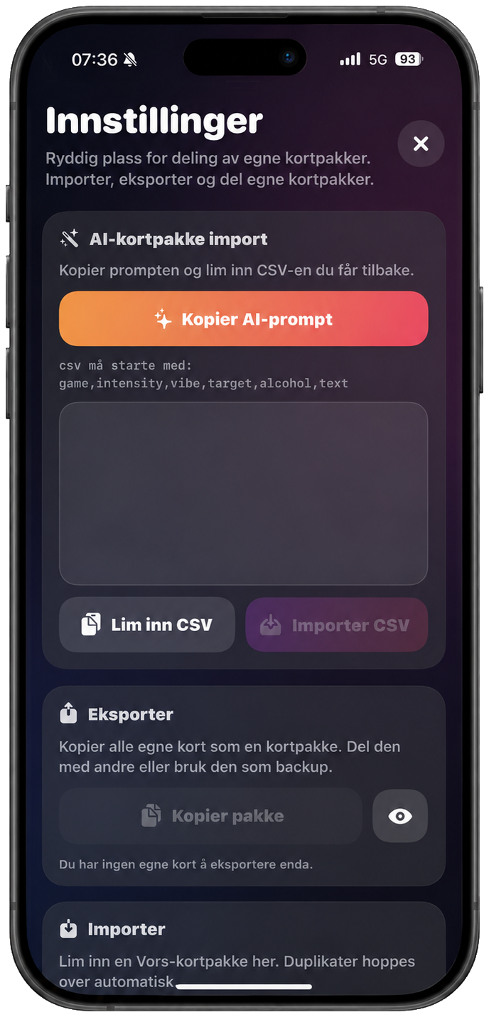 Innstillinger for kortpakker i Vors